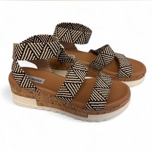 Steve Madden Black and Tan Wedge Sandals